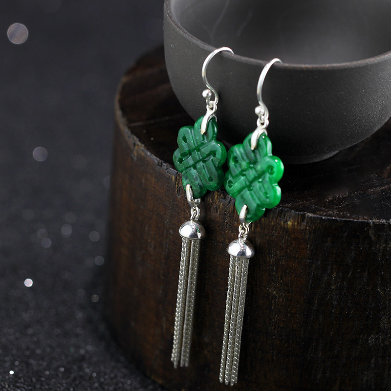 Chinese Knot Natural Jade Earrings - Image 3