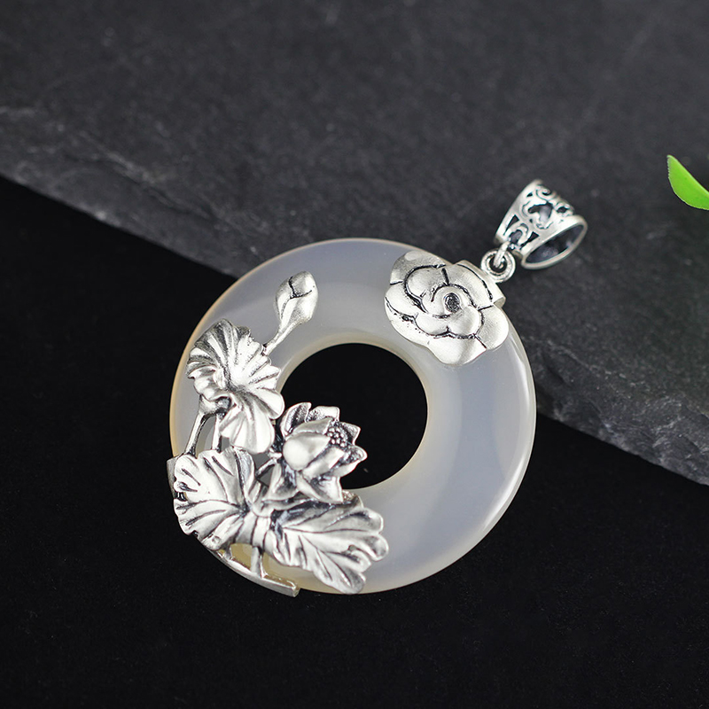 Natural Jade Floral Hoop Pendant - Image 2