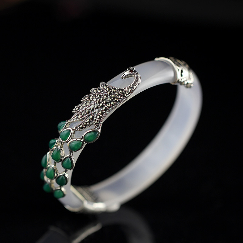Peacock Natural Jade Bangle Bracelet - Image 5