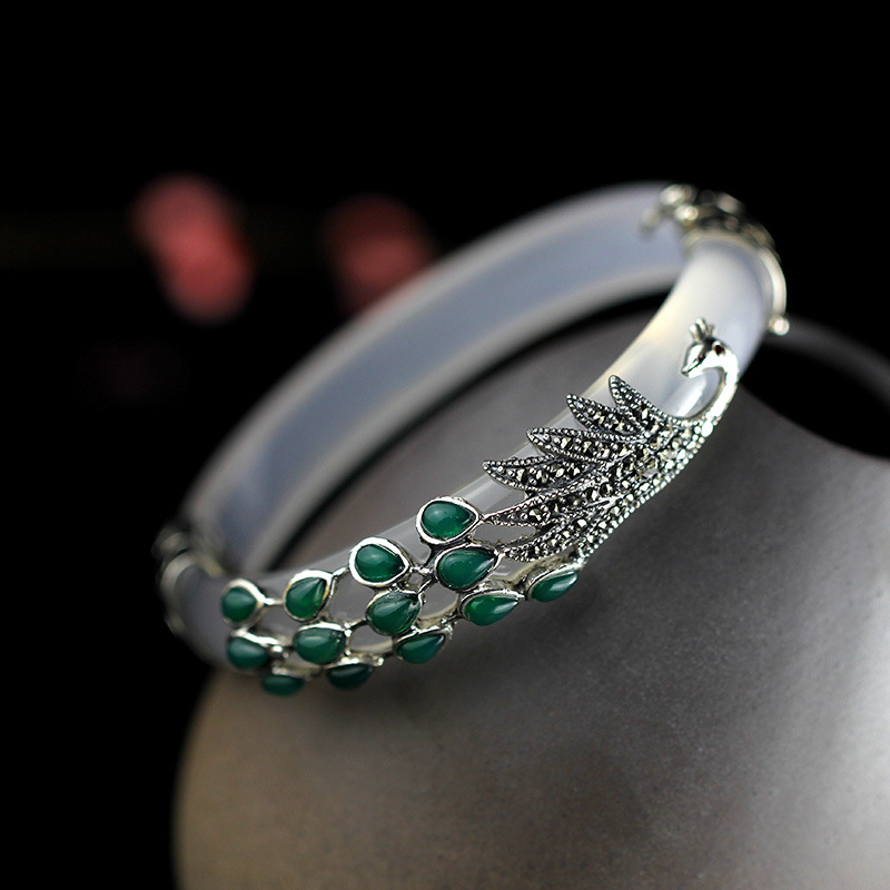 Peacock Natural Jade Bangle Bracelet - Image 4